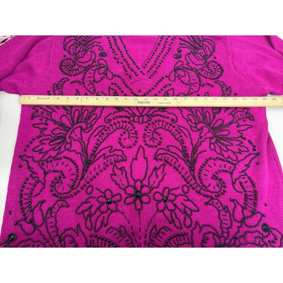 VTG August Max Woman 2X Plus Beaded Hot Pink V-Neck Sweater Ramie/Cotton GUC - Picture 4 of 8